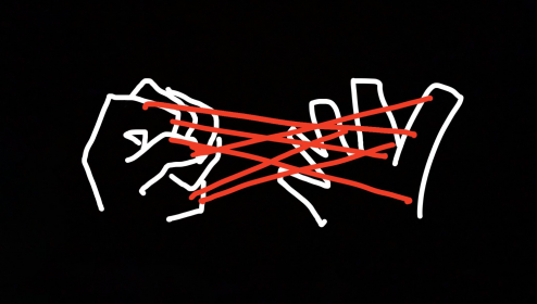Ilustração com fundo preto e traços em branco, de duas mãos, lado a lado, uma em punho e outra mão aberta. As mãos estão conectadas por traços em vermelho.